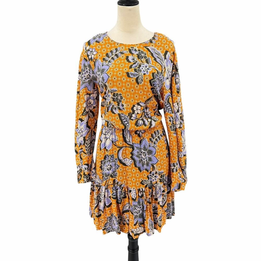 Corey Lynn Calter Anthropologie Yellow Blue Floral Long Sleeve Tiered Mini Dress